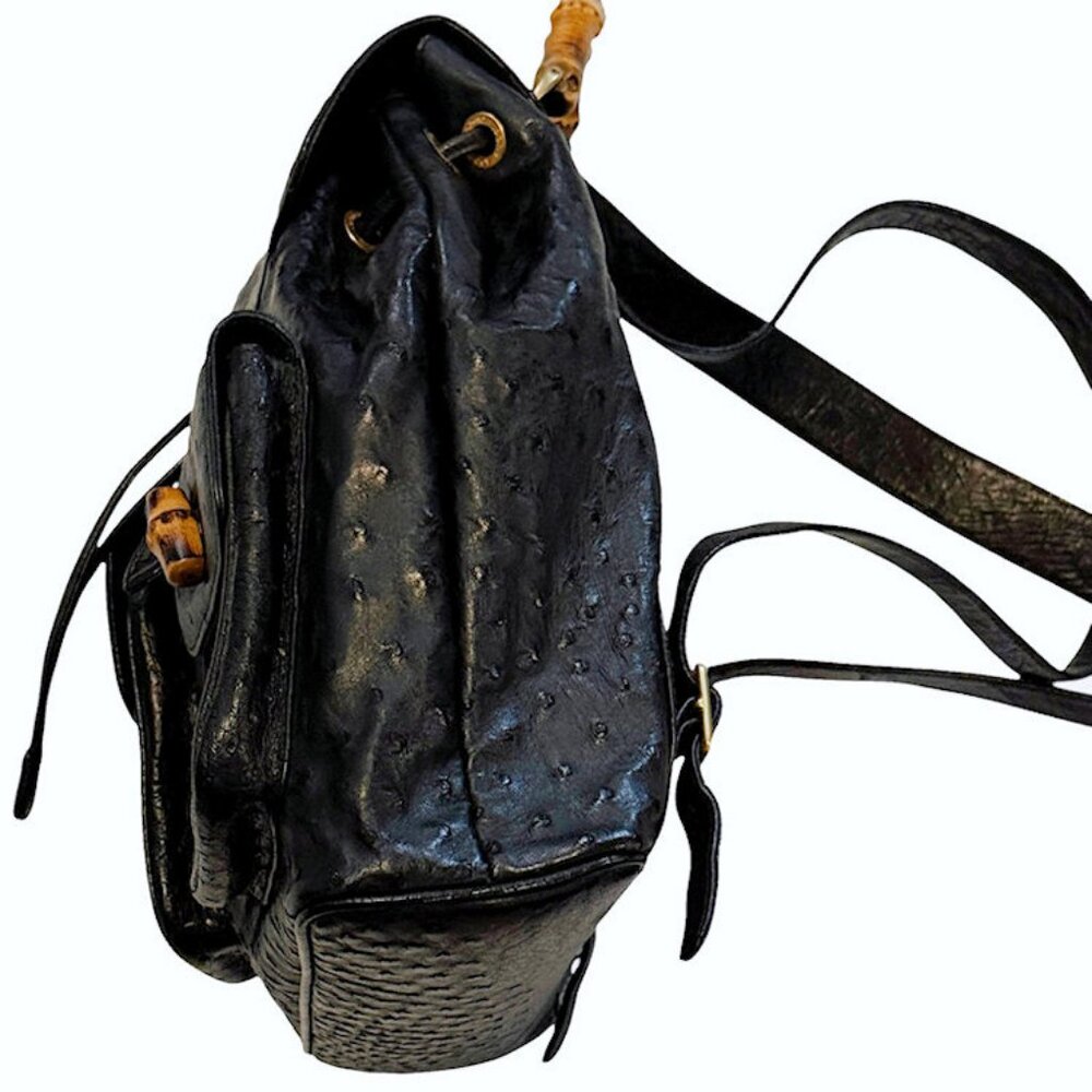 Vintage GUCCI Black Ostrich Skin Backpack Handbag with Bamboo Accents - Picture 5 of 15